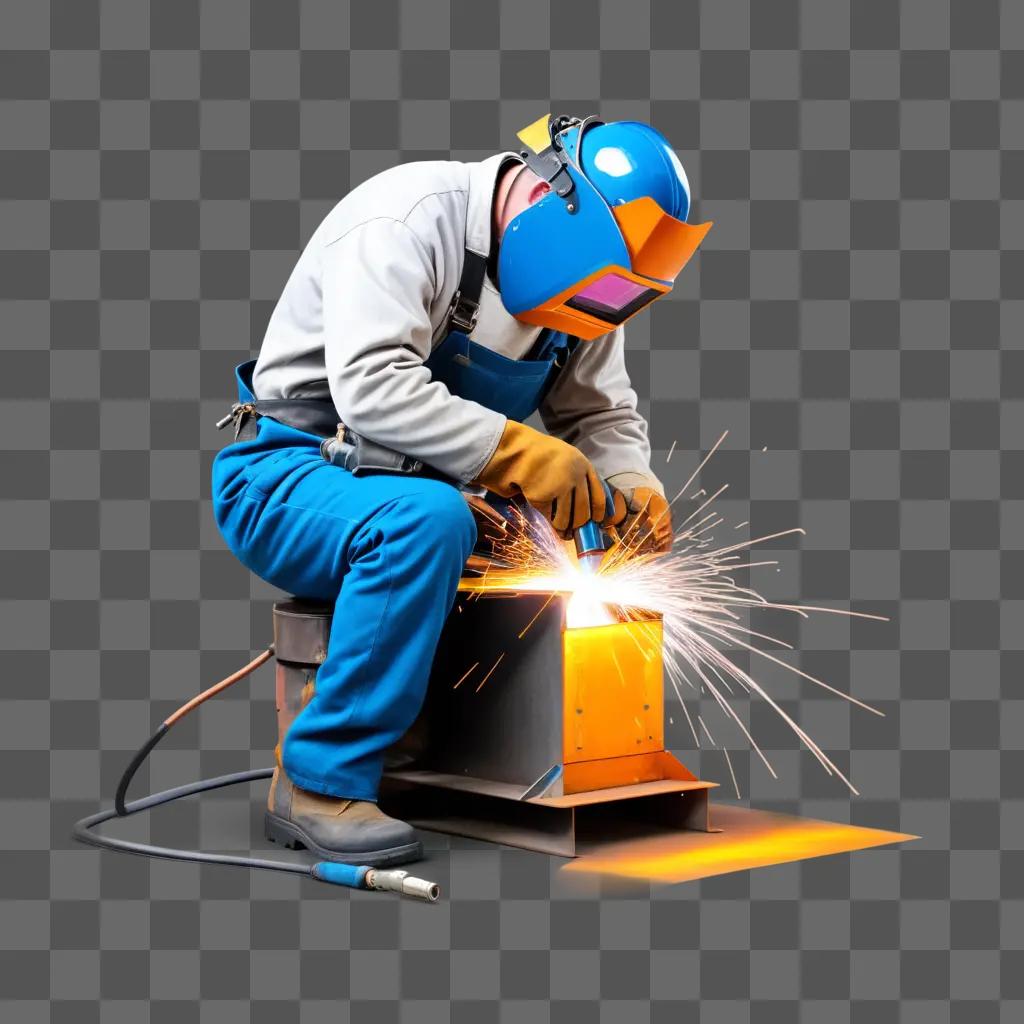 welder in a blue helmet and protective gear works on a piece of metal