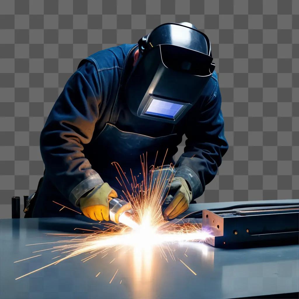 welder in protective gear creates sparks on a metal surface