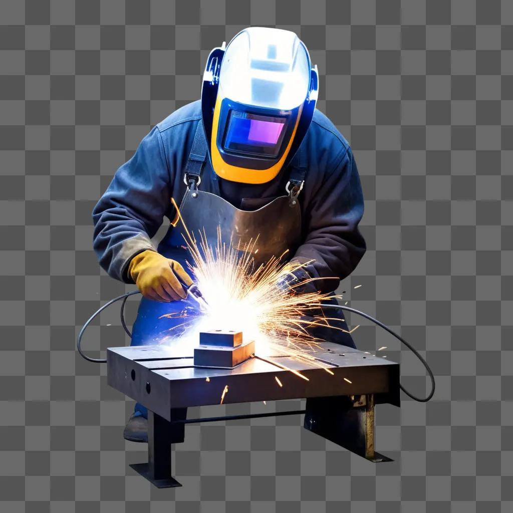 welder in protective gear works with sparks