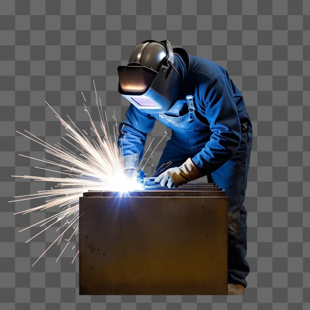 welder wearing a protective mask works on a piece of metal