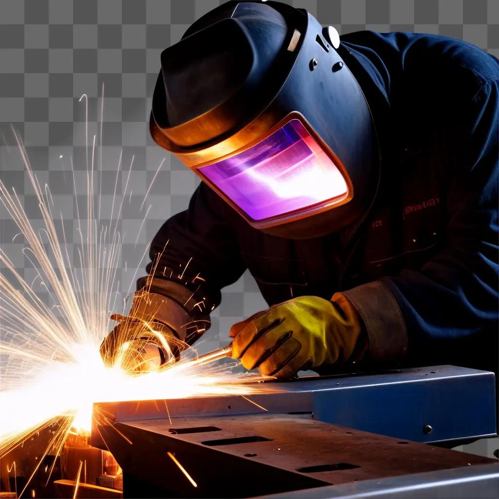 welder works on a metal object, creating sparks