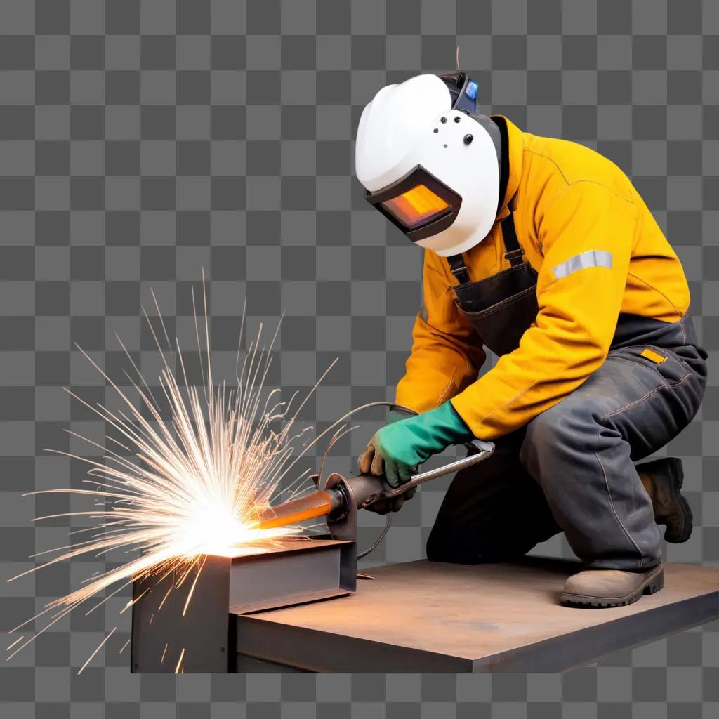 welder works on a metal piece with sparks flying