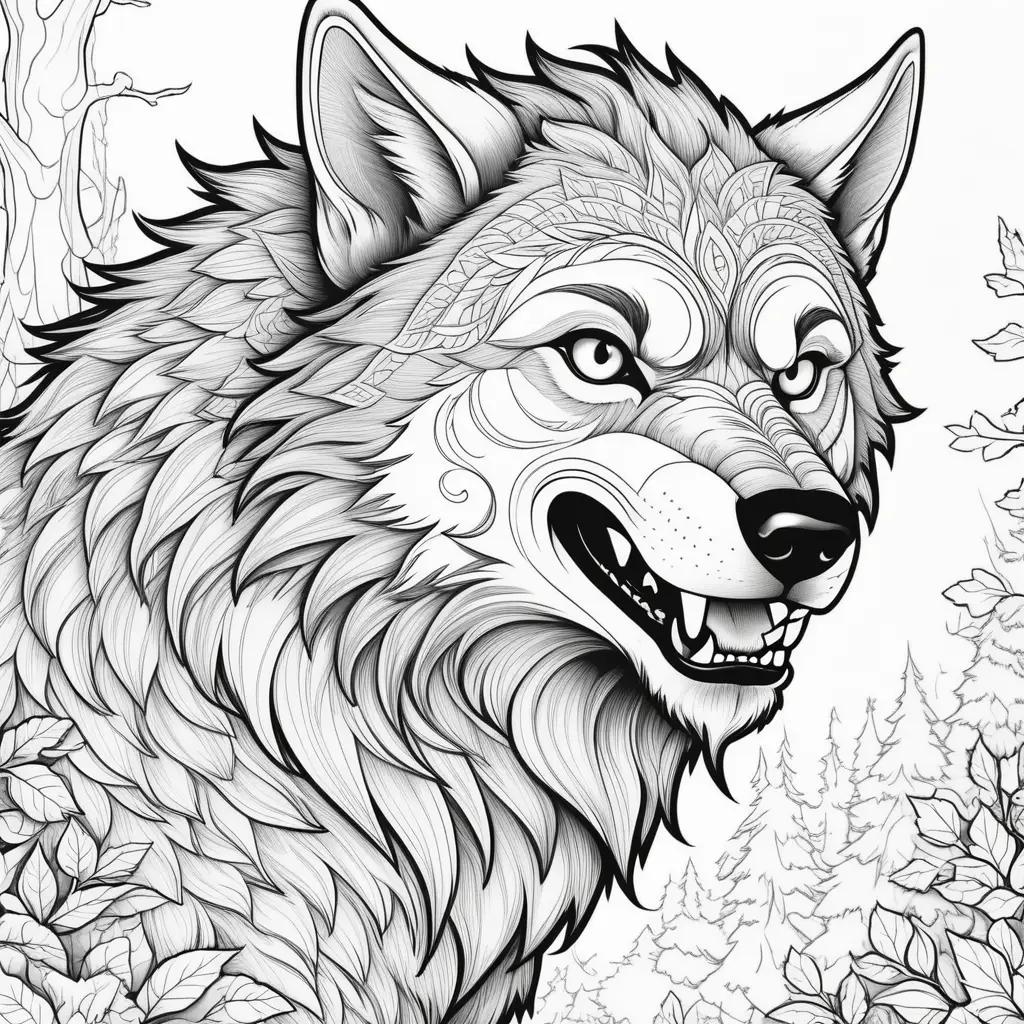 werewolf coloring page with a wolf and trees