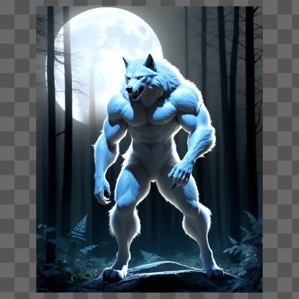 透明な月を背景に森の狼男
