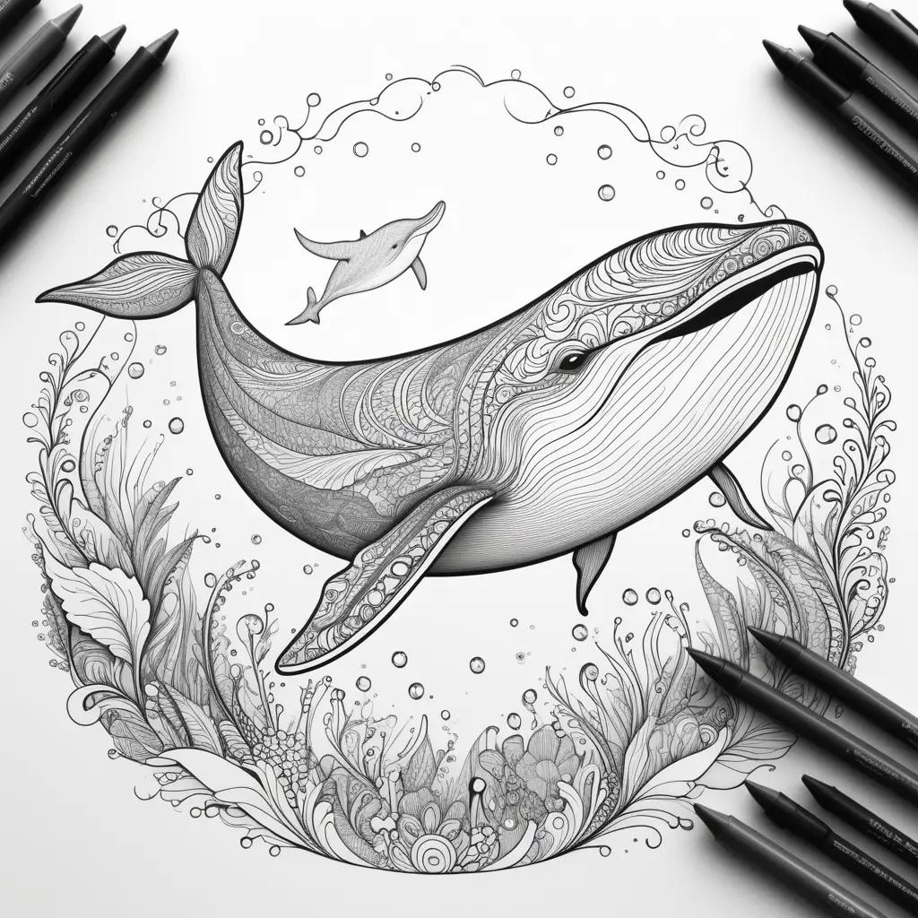 whale coloring page with a circle of bubbles and flowers