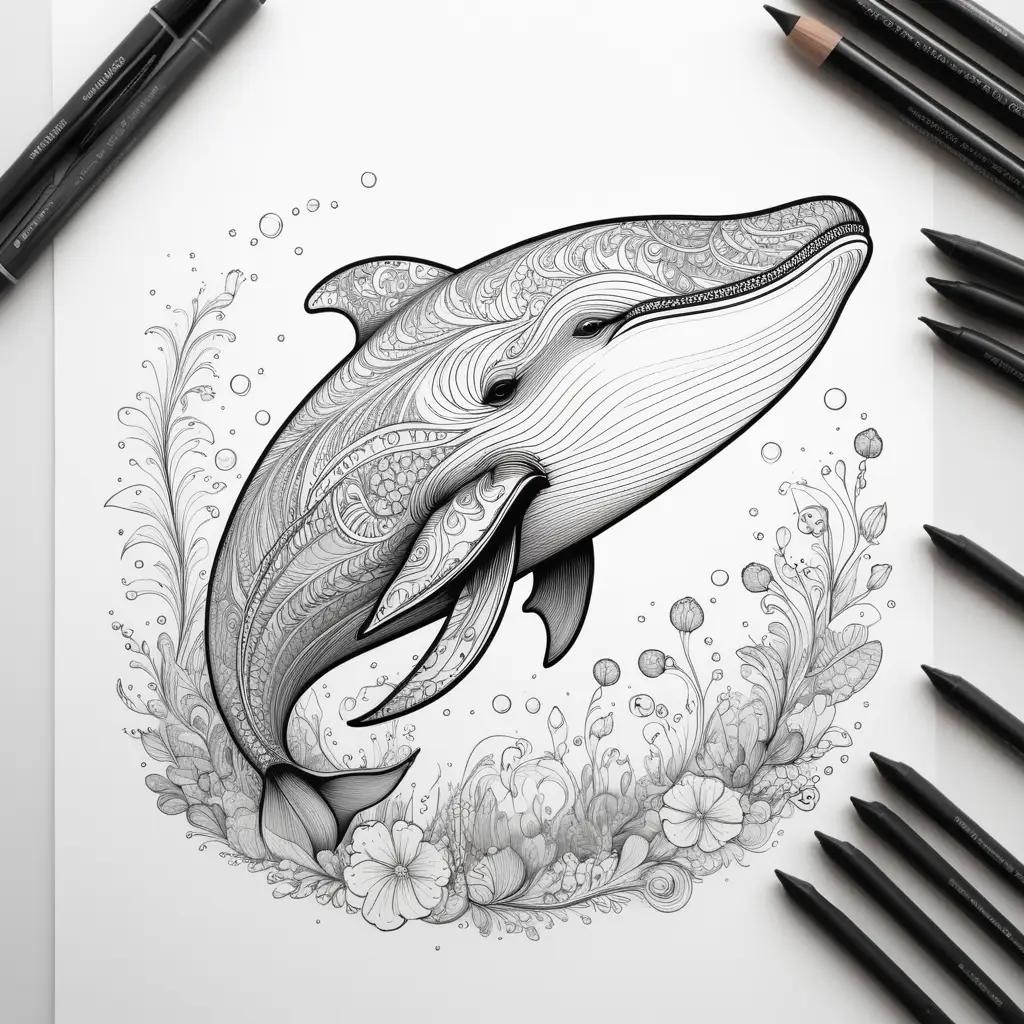 whale coloring page with black and white art