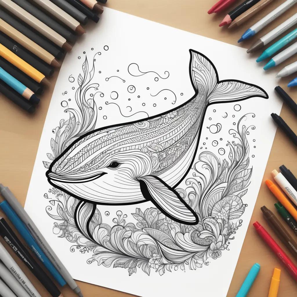 whale coloring page with colorful pens around it