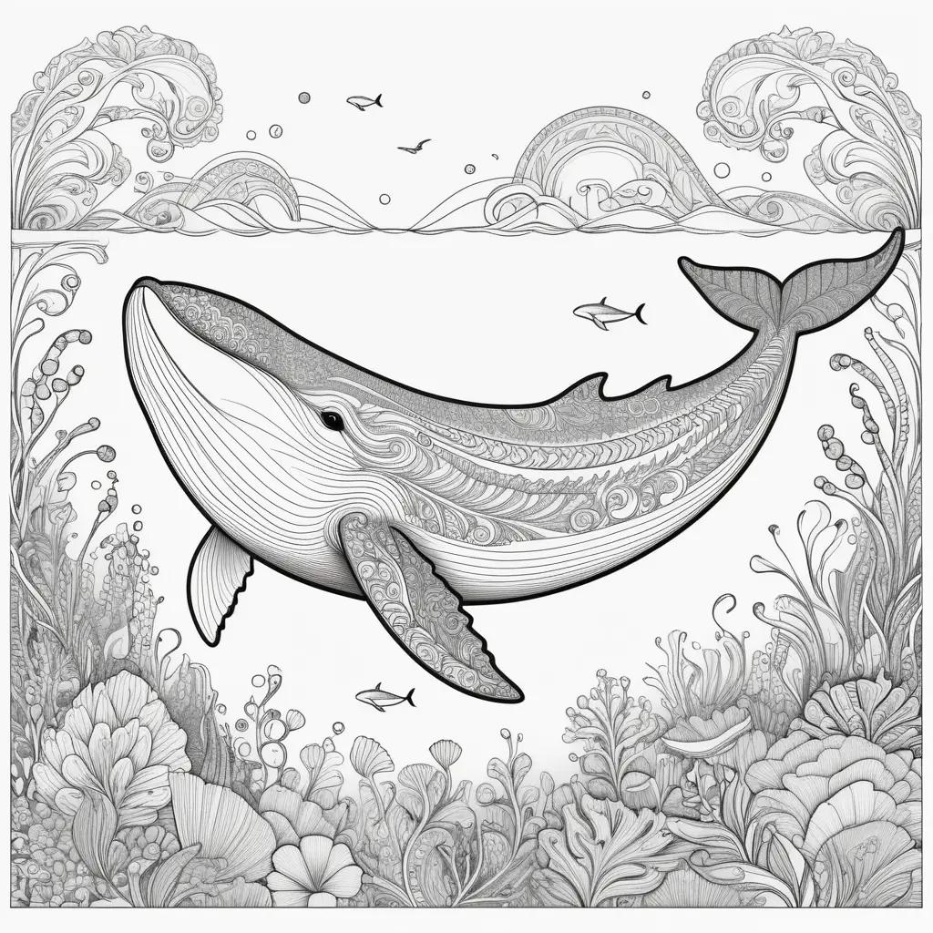 whale coloring page with underwater plants and sea creatures