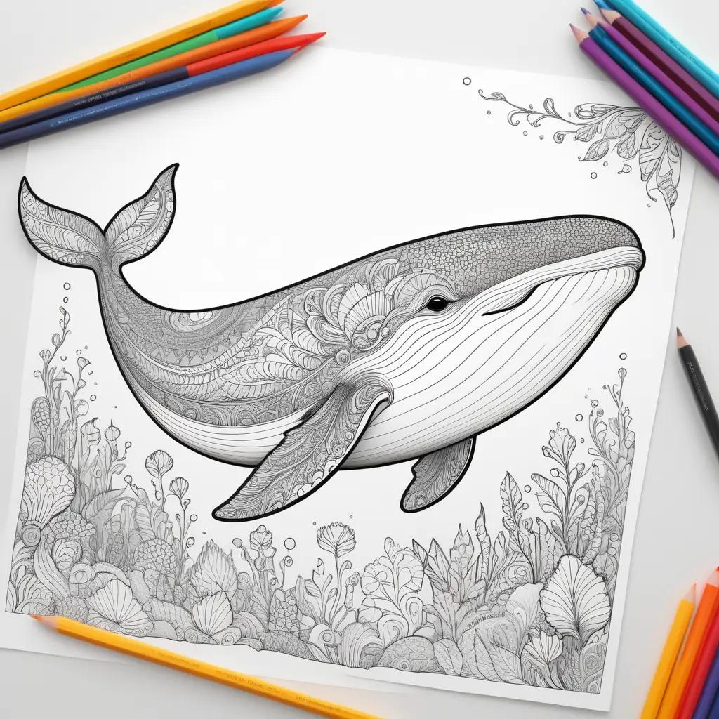 さまざまな色鉛筆が描かれたクジラのぬりえ