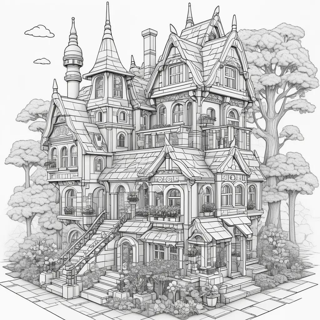 whimsical Lego coloring page featuring a spooky castle