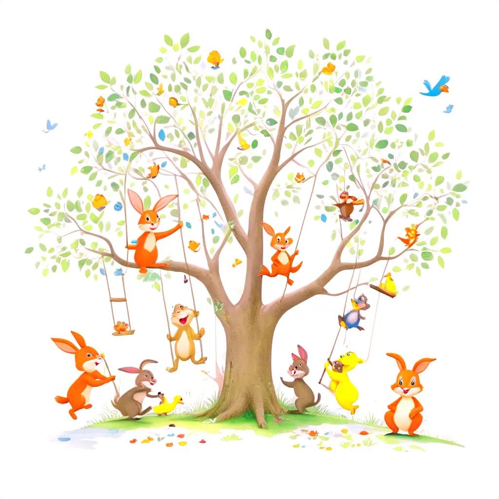 whimsical cartoon tree filled with playful animals