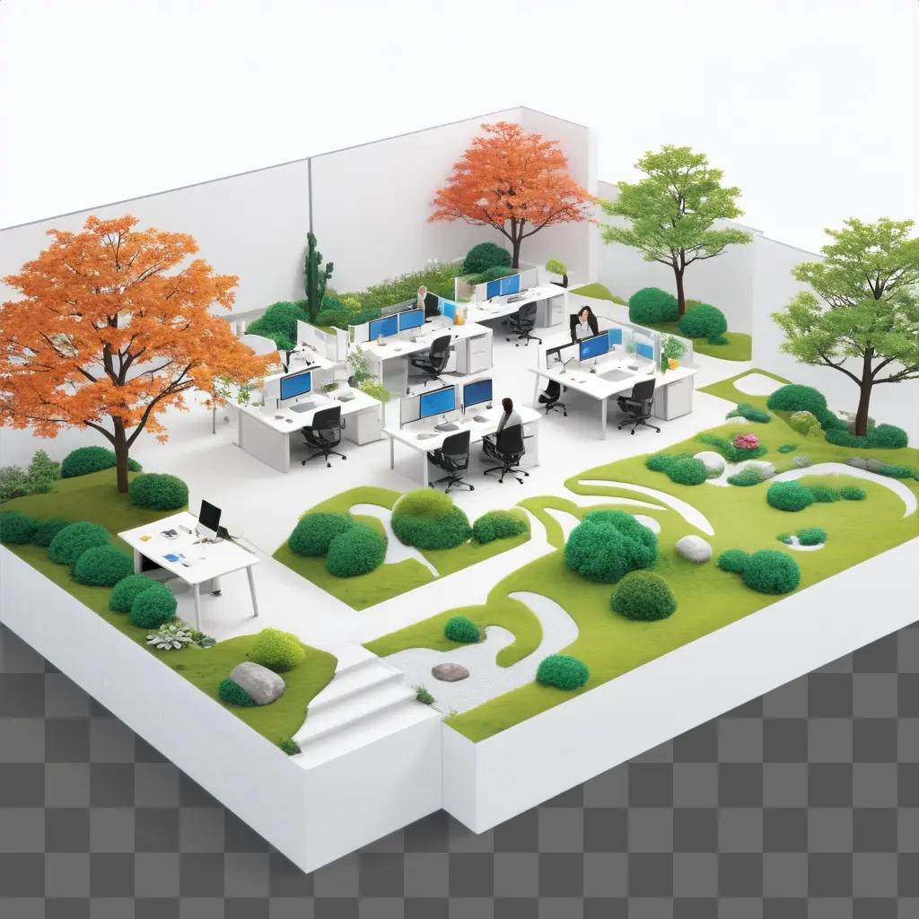 whimsical office with orange trees and grass