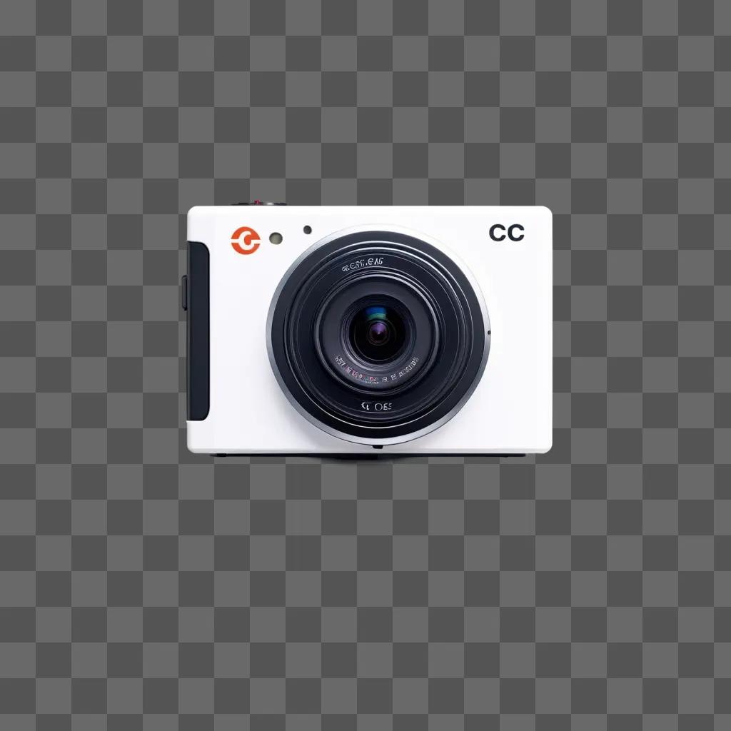 white CC camera with black lens on gray background