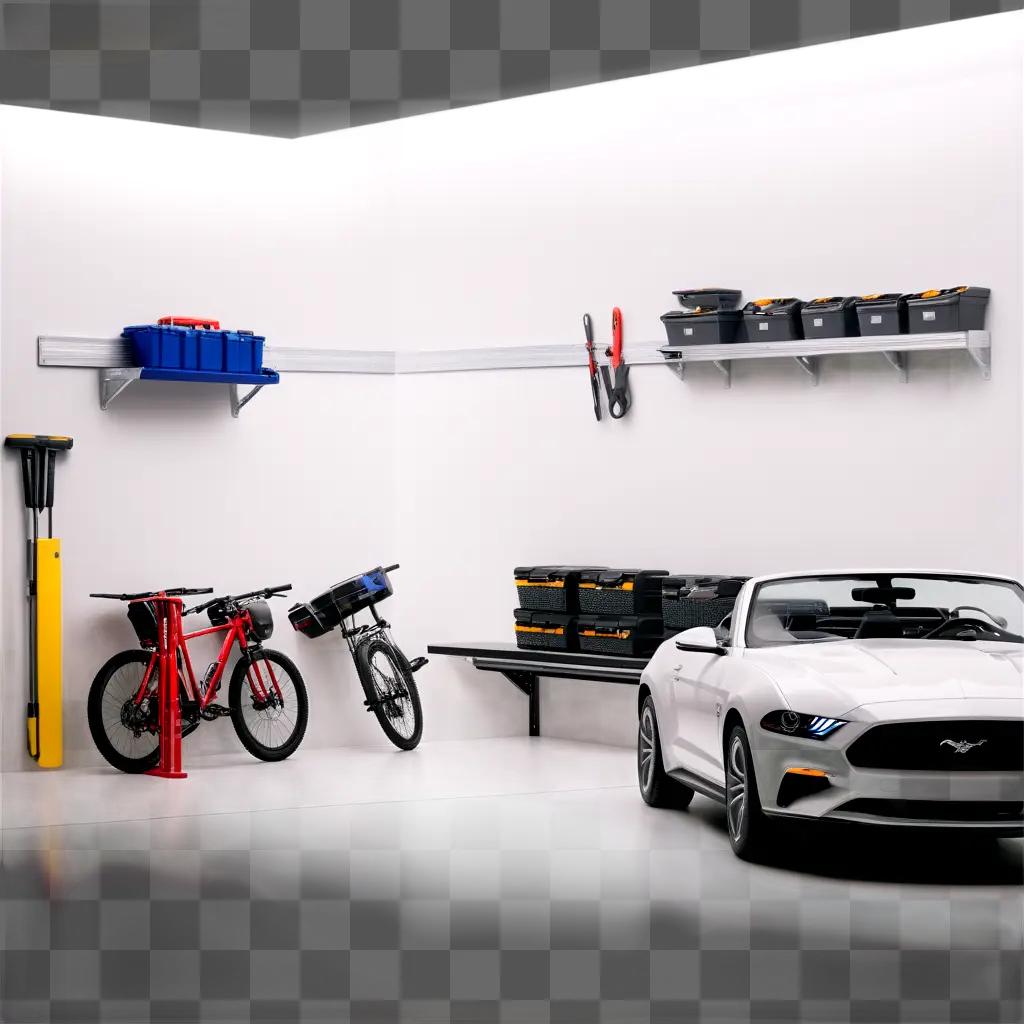 white Ford Mustang in a garage with bike and boxes