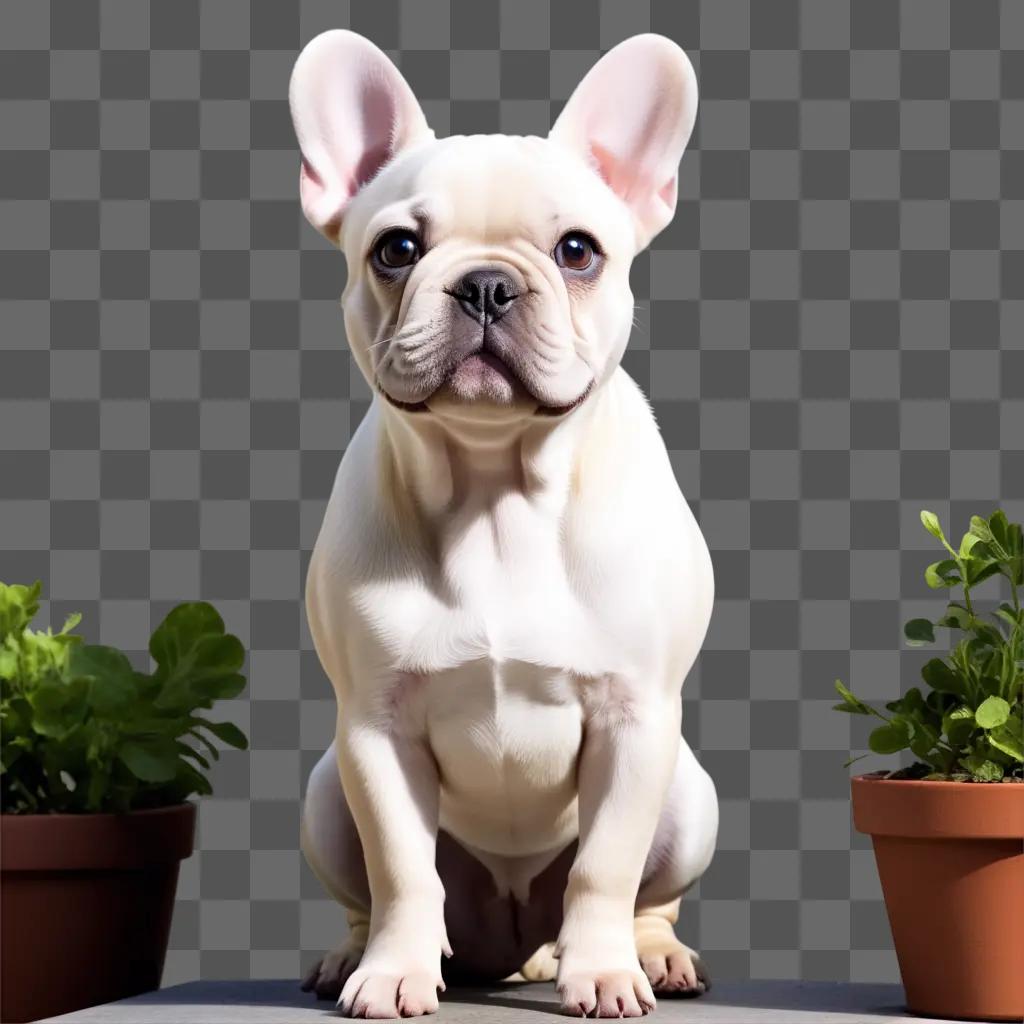 white French Bulldog sits in front of potted plants