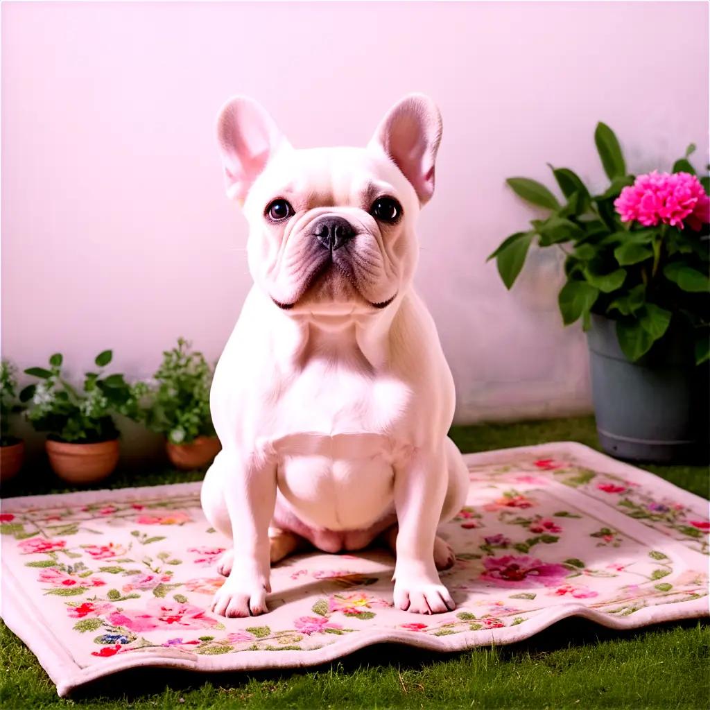 白いフレンチブルドッグがピンクの毛布の上に座っている
