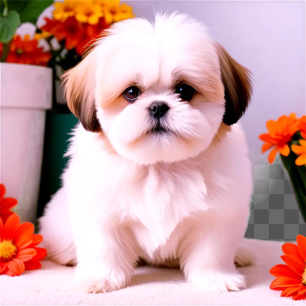 white Shih Tzu sits among colorful flowers