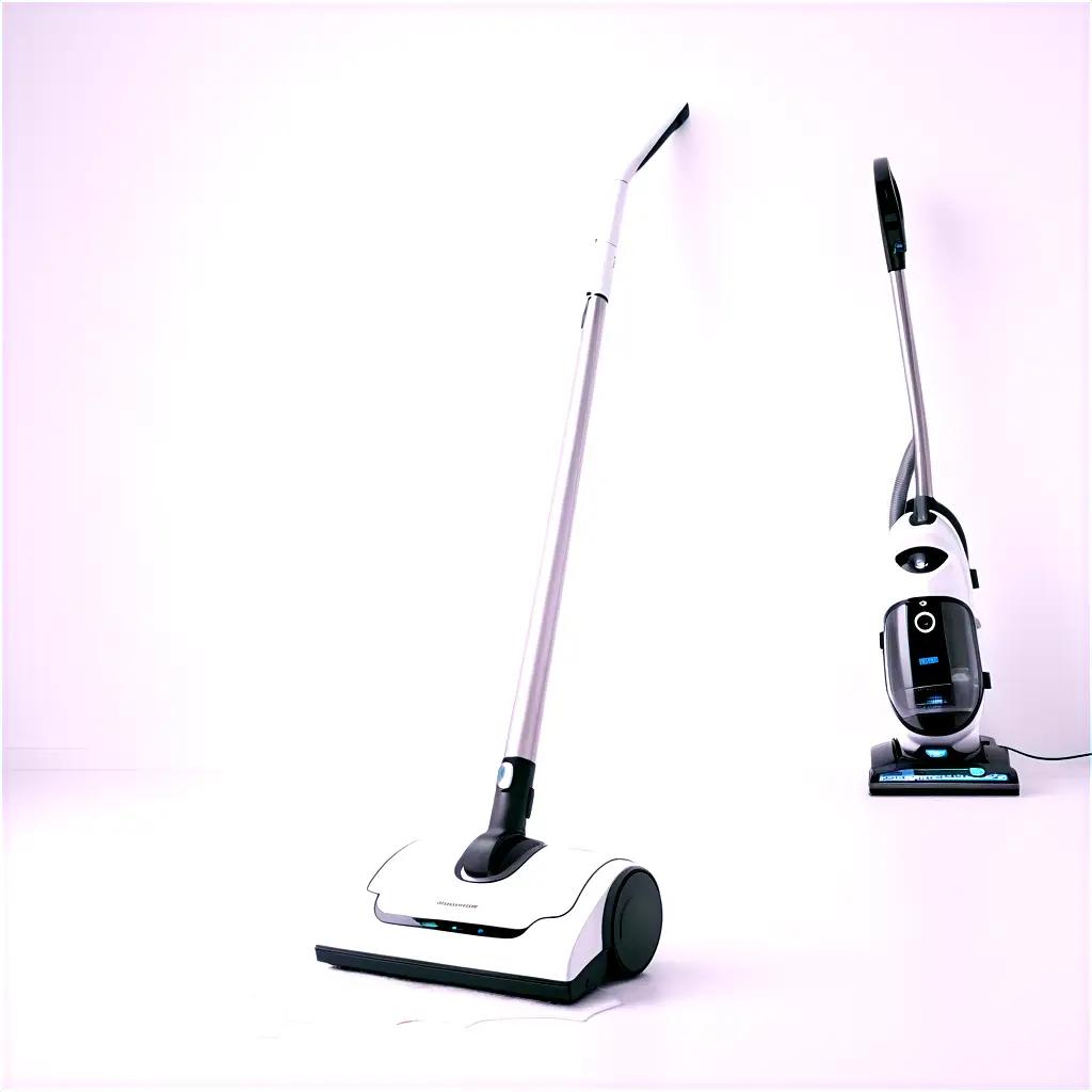 white and black vacuum cleaner sits on a white surface