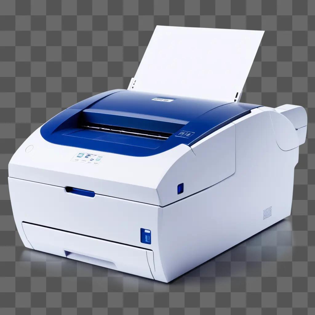 white and blue printer is on a grey background