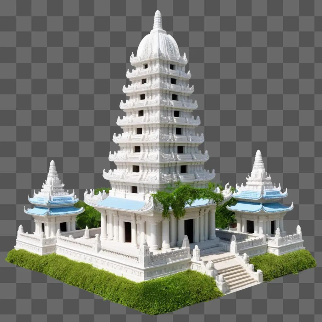 white and blue temple surrounded by green plants