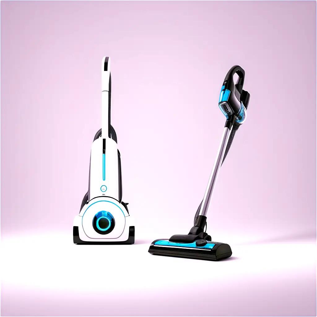 white and blue vacuum cleaner with blue cord