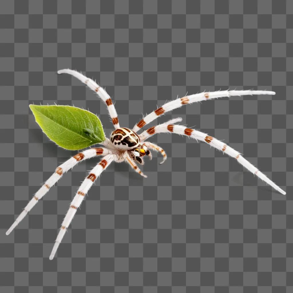 white and brown free spider with a green leaf on its back