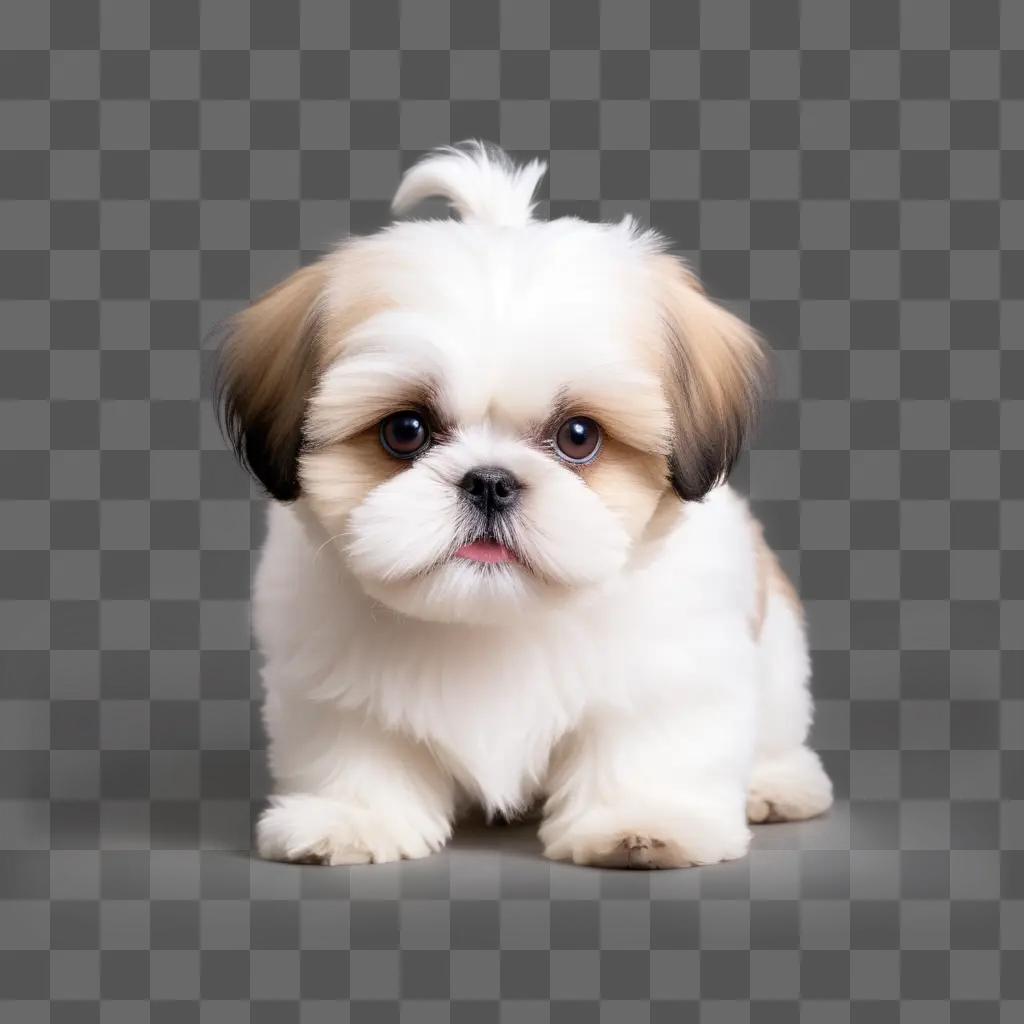 white and brown shih tzu puppy sits in the sun