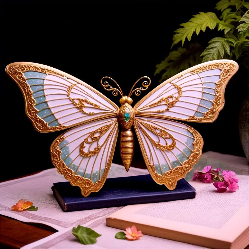 white and gold butterfly sculpture sits on a table