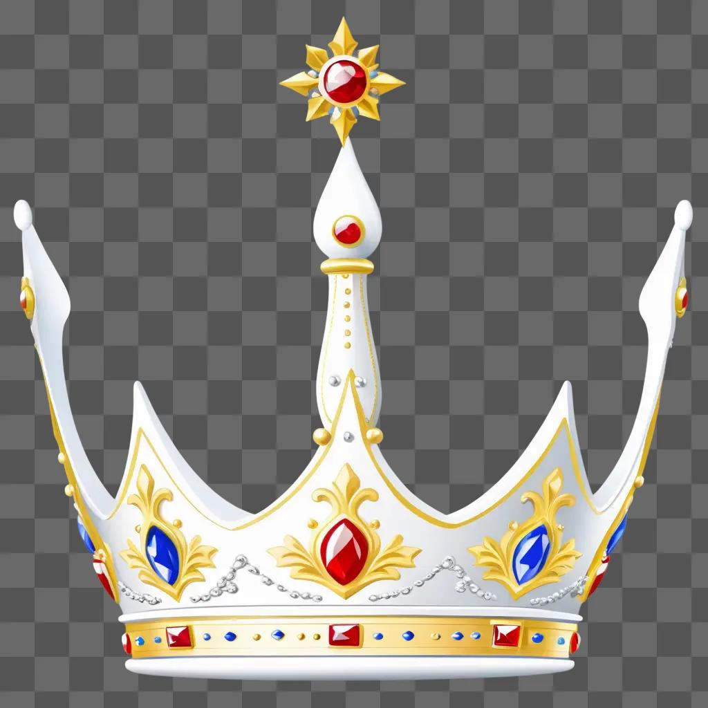 white and gold crown with red jewels