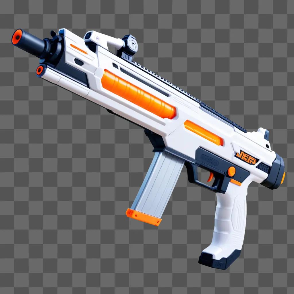 white and orange Nerf gun with a magazine