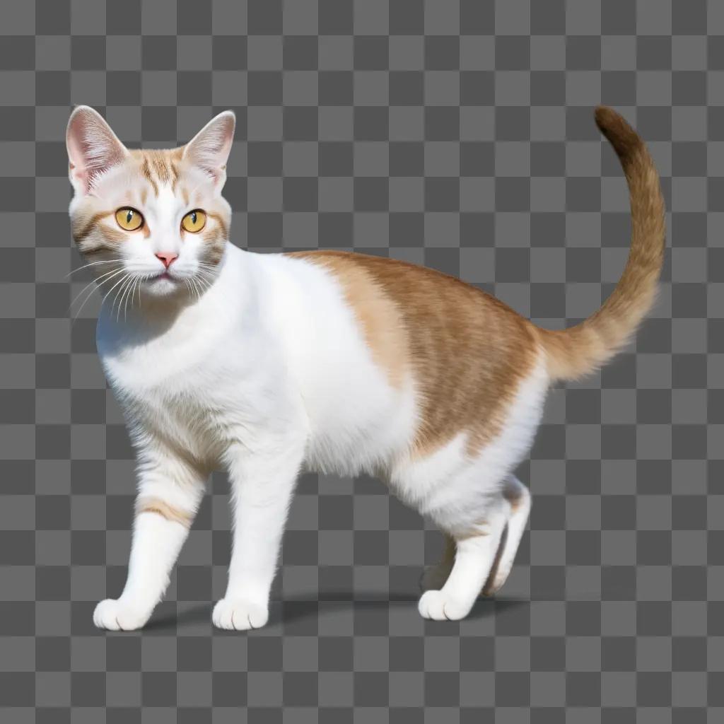 white and orange cat stands on a grey background