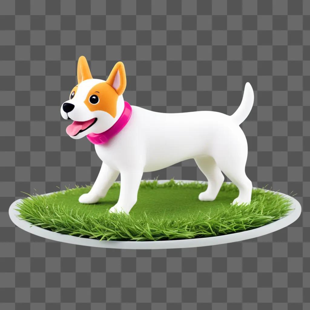 white and orange dog toy stands on a green grass base