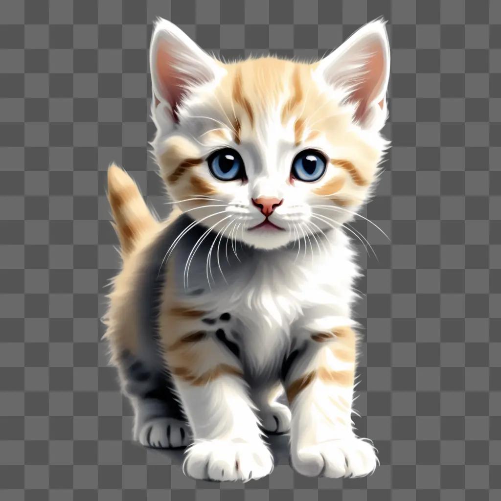 white and orange kitten with blue eyes and a black nose