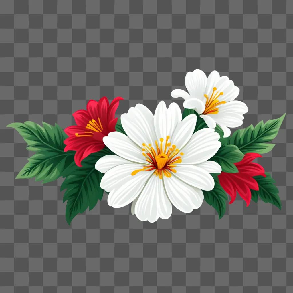 white and red clipart flower with leaves