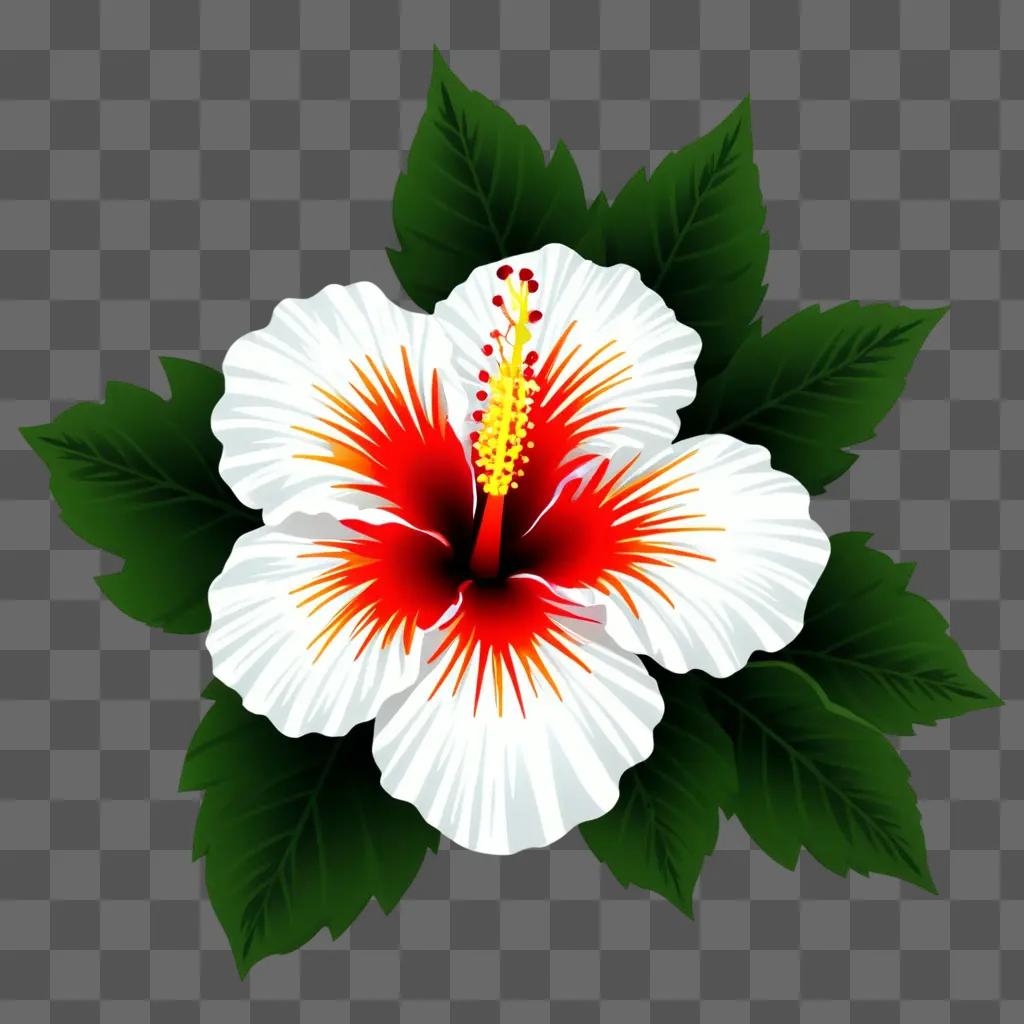 white and red clipart hibiscus with green leaves