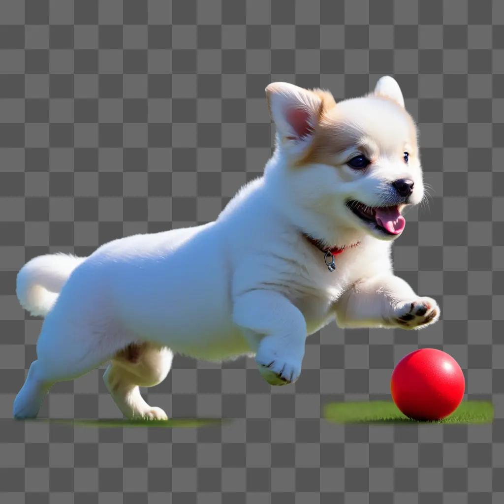 white and tan dog plays with a red ball