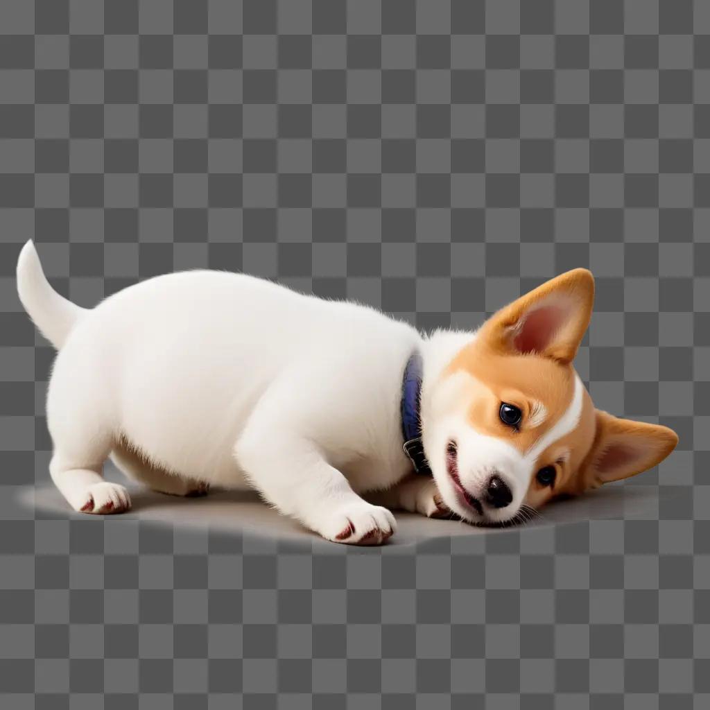 white and tan doggy is lying on a gray surface