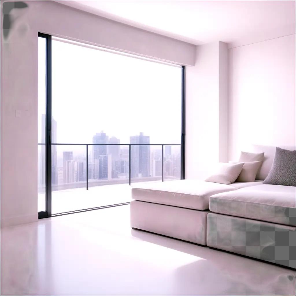 white apartment with a balcony and a view of a city