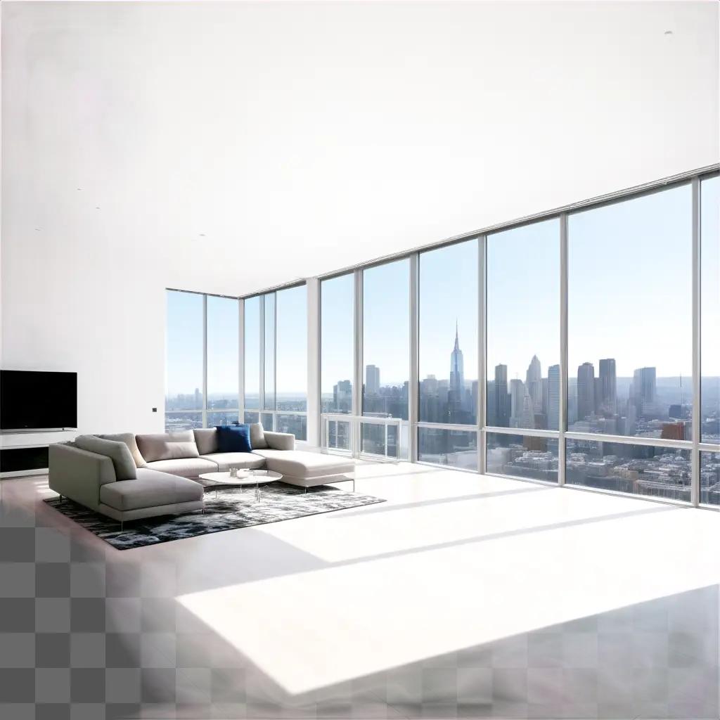 white apartment with large windows and a view of the city