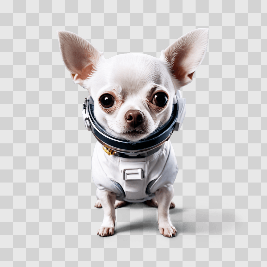 white apple head chihuahua A small dog wearing a space suit