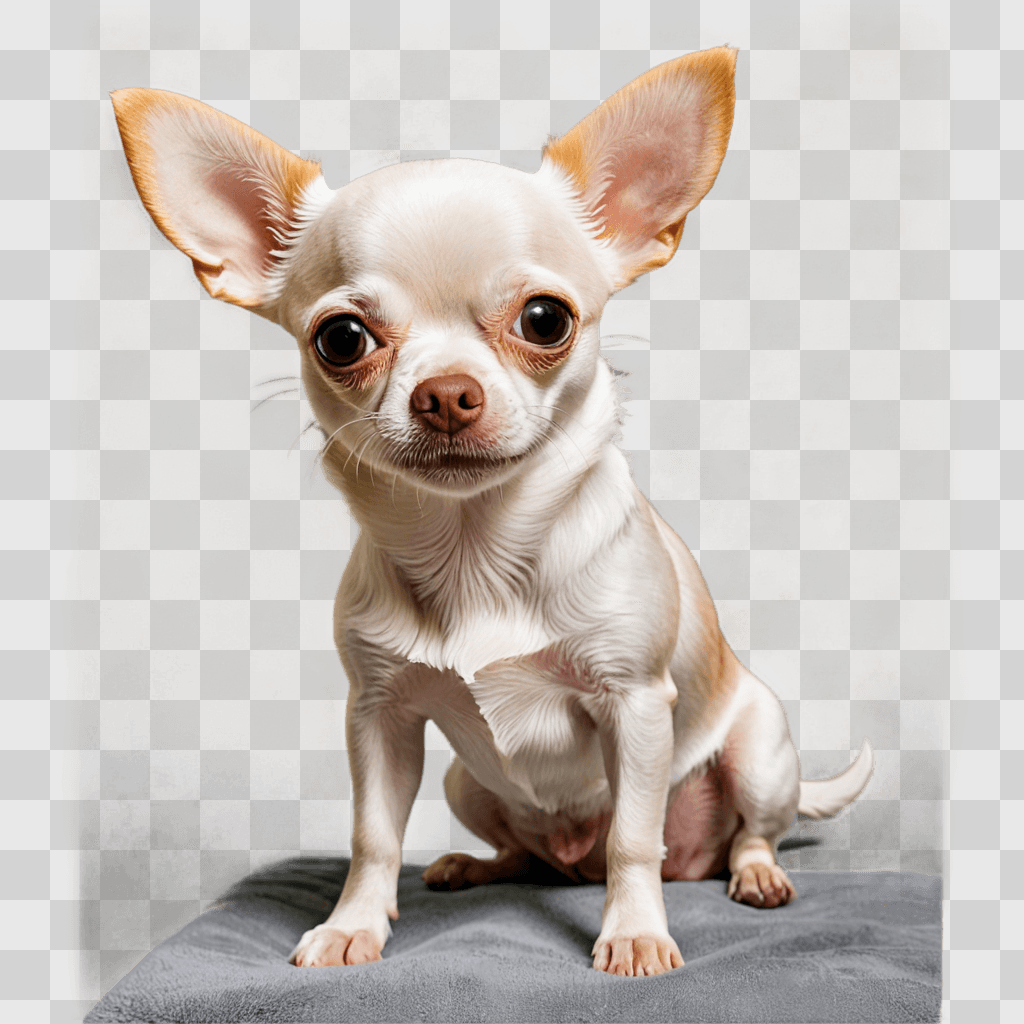 white apple head chihuahua A white dog sits on a grey blanket