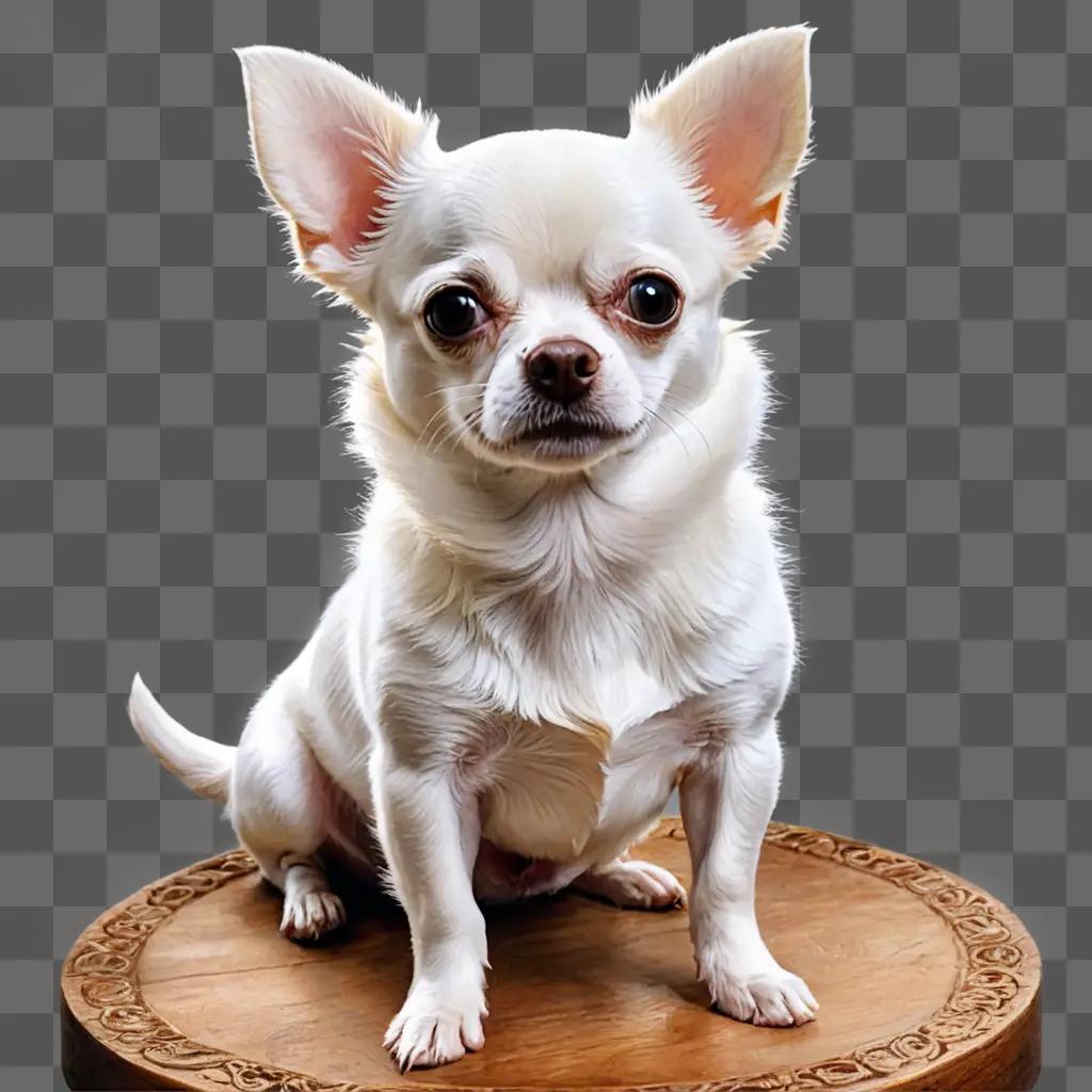 white apple head chihuahua A white dog sits on a wooden stool