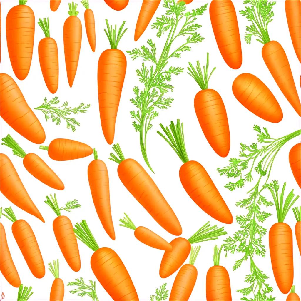 white background with orange carrots and green leaves