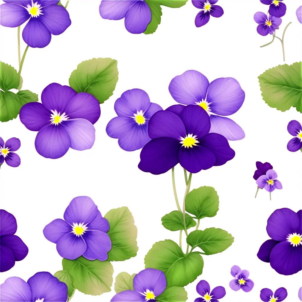 white background with purple violets and leaves