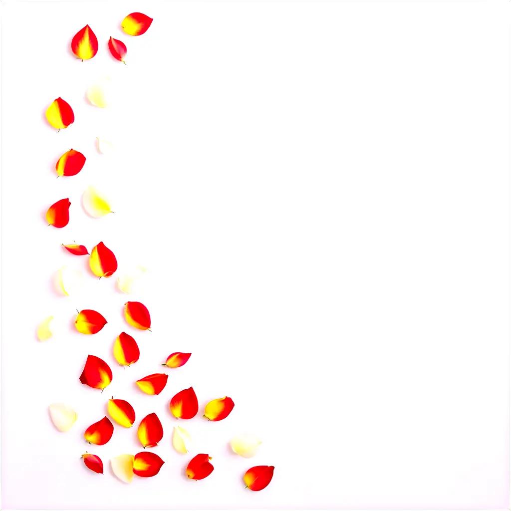 white background with red and yellow rose petals scattered on it