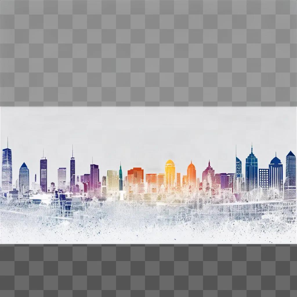 white banner with a transparent background displays a city skyline