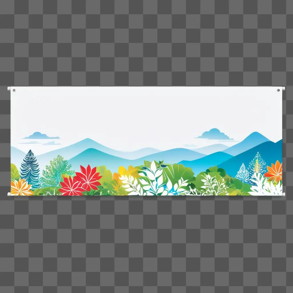 white banner with a transparent background features a colorful landscape