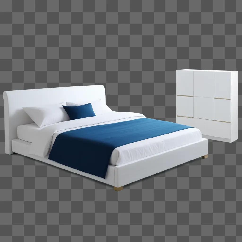 white bed with a blue comforter against a white wall