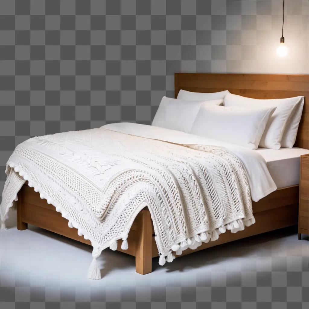 ニットの毛布を敷いた白いベッド