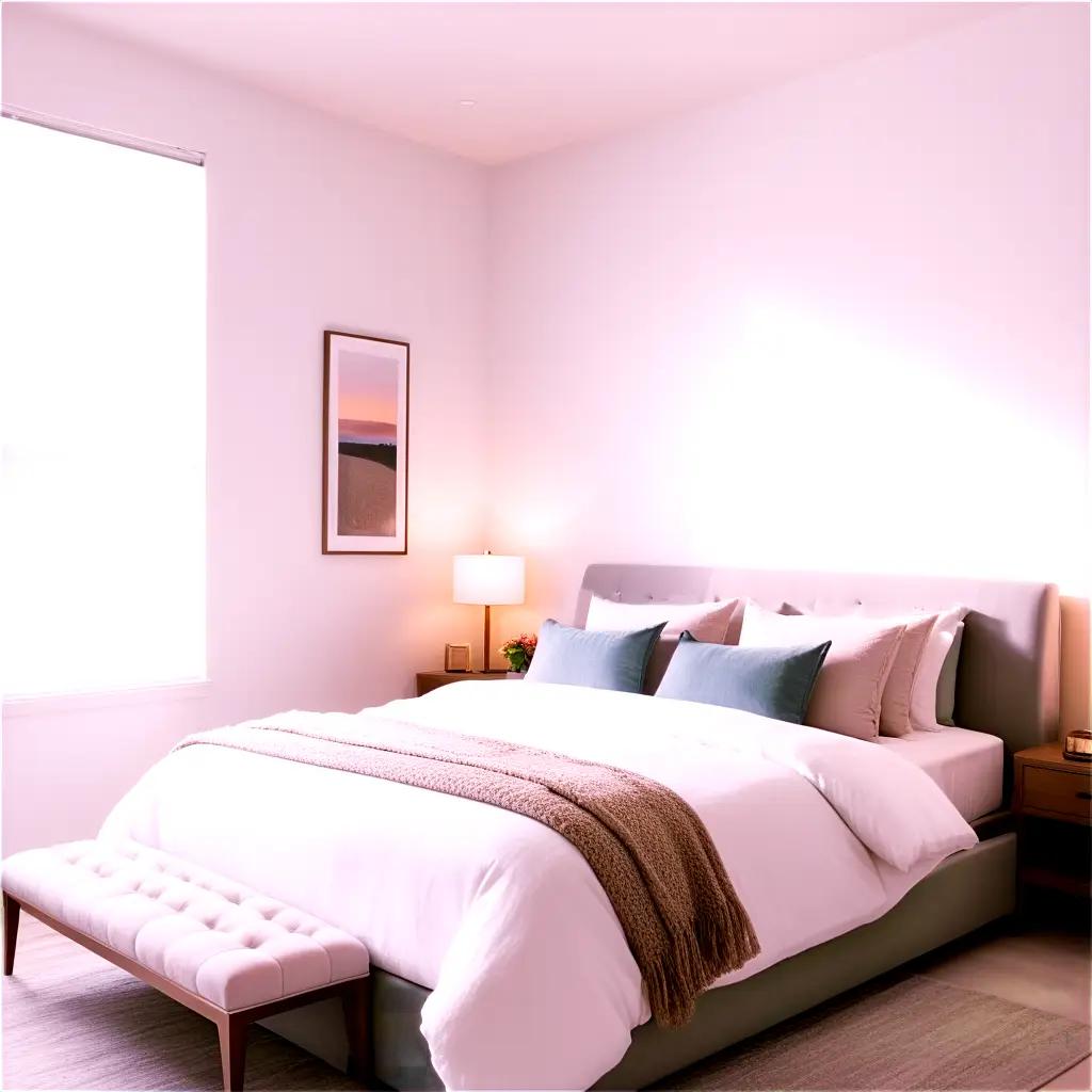 white bedroom with a bench and a lamp